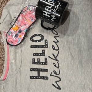 Hello Weekend Nightgown, Metal Coffee Mug and Pink Eye Mask
